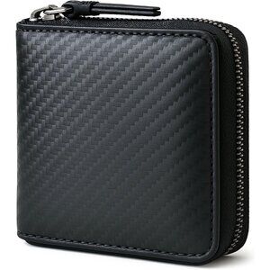 Men's Bifold Black Wallets Card Slot Secure Zipper Closure Holder Leather Style